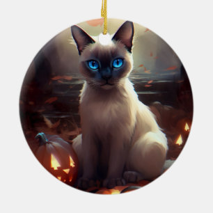 Adorno De Cerámica Gato siamés de Halloween con calabazas espeluznant