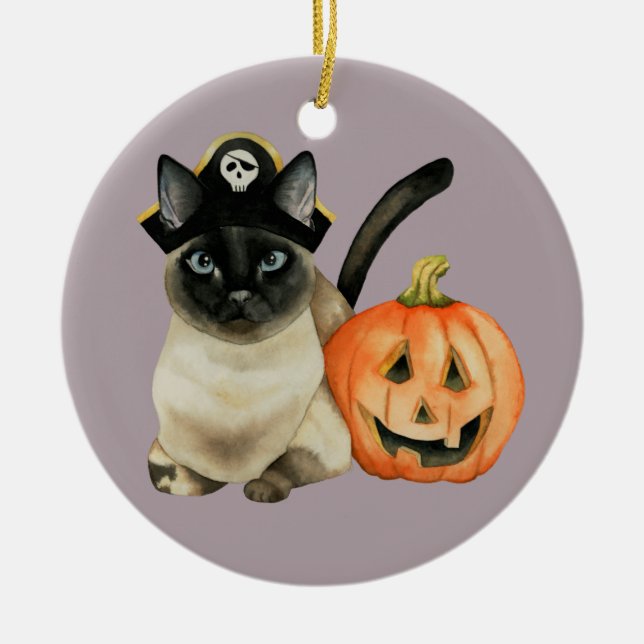 Adorno De Cerámica Gato siamés de Halloween con la linterna de Jack O (Frente)
