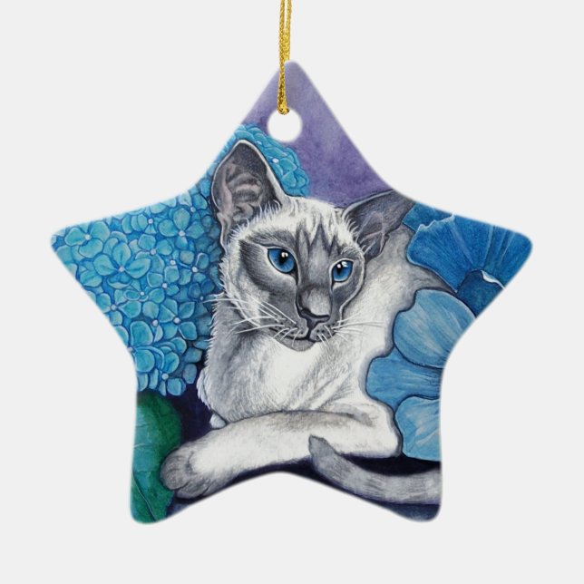 Adorno De Cerámica Gato Siamés De Punto Azul (Frente)