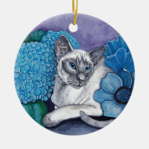 Adorno De Cerámica Gato Siamés De Punto Azul