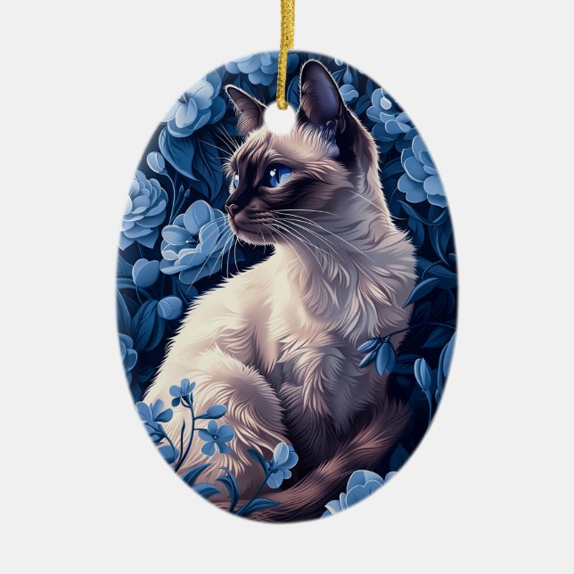 Adorno De Cerámica Gato siamés en flores azules (Frente)