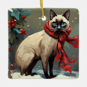 Adorno De Cerámica Gato siamés en Navidades de nieve