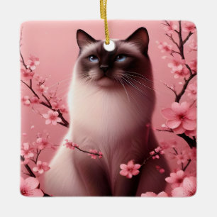Adorno De Cerámica Gato siamés japonés flor de cerezo rosa