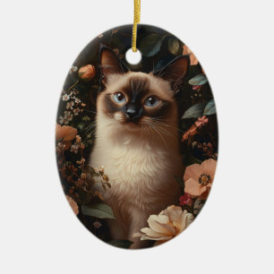 Adorno De Cerámica Gato siamés rodeado de flores rosadas
