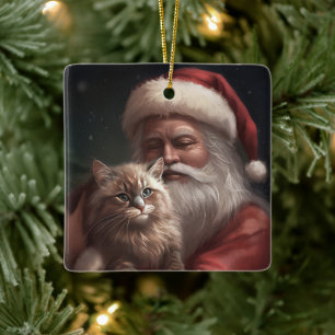 Adorno De Cerámica Gato Siberiano con Santa Claus Navideño Festivo 