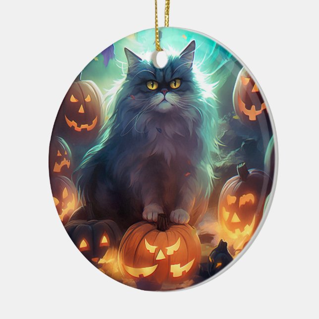 Adorno De Cerámica Gato siberiano de Halloween con calabazas aterrado (Izquierda)