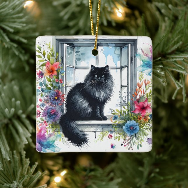 Adorno De Cerámica Gato siberiano en la ventana con salpicaduras de c (Árbol)