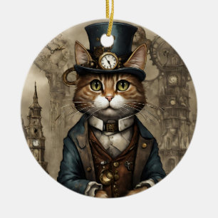 Adorno De Cerámica Gato Steampunk