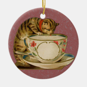 Adorno De Cerámica Gato Taza de Té Lindo Vintage Victoriano Mascota C