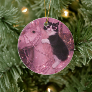 Adorno De Cerámica Gato Unicornio Glamuroso Bajo Ciudad Brillante