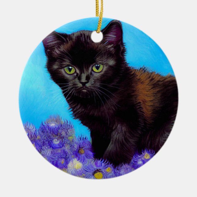 Adorno De Cerámica Gato Van Gogh y flores (Frente)