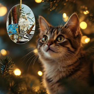 Adorno De Cerámica Gato viking y dragón azul