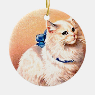Adorno De Cerámica Gato vintage con arco azul