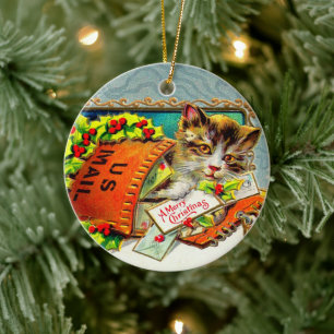 Adorno De Cerámica Gato vintage Feliz Navidad