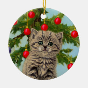 Adorno De Cerámica Gato vintage y árbol de Navidad