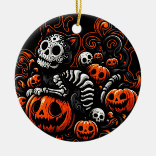 Adorno De Cerámica Gato y calabazas fantasmales