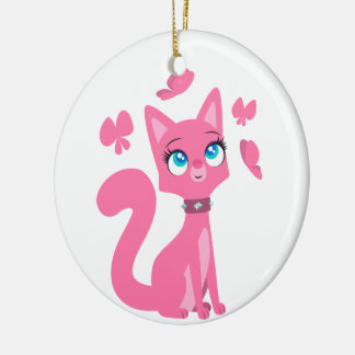 Adorno De Cerámica Gato y mariposas Personalizado rosado