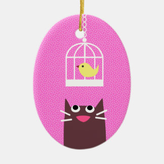 Adorno De Cerámica Gato y pájaro amarillo