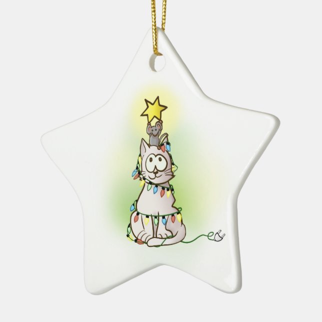 Adorno De Cerámica Gato y ratón de árbol de Navidad con estrella bril (Izquierda)