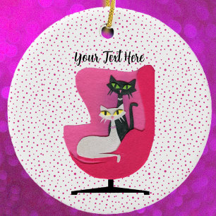 Adorno De Cerámica Gatos Atómicos Elegantes en Lunares Rosados de Sil