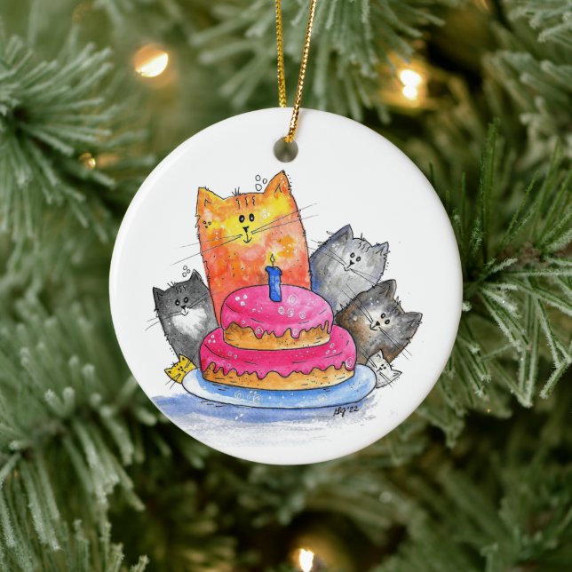 Adorno De Cerámica Gatos caprichosos con pastel de cumpleaños (Árbol)