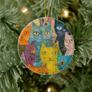Adorno De Cerámica Gatos de color de agua boho - Arte felino de tierr