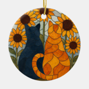 Adorno De Cerámica Gatos de Vidrio Emplomado y Diseño de Arte de Gira