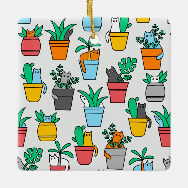 Adorno De Cerámica Gatos en macetas de flores (Anverso)