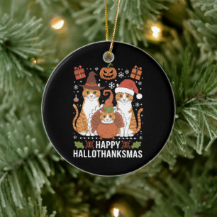 Adorno De Cerámica Gatos Felices Hallothanksmas Halloween Navidad