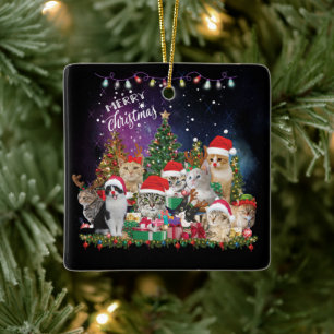 Adorno De Cerámica Gatos Feliz Navidad Luz