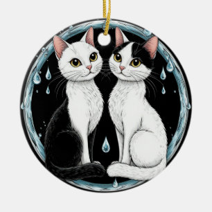 Adorno De Cerámica Gatos gemelos negros y blancos sentados juntos