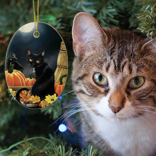 Adorno De Cerámica Gatos Negros de Otoño Encantados por la Luna