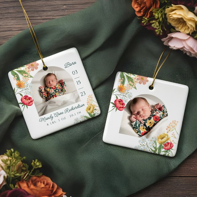 Adorno De Cerámica Gauche Floral Wildflower Baby Birth Stat Photo (Gauche Floral Wildflower Baby Birth Stat Photo Ceramic Ornament)