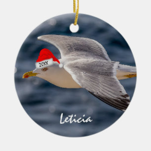 Adorno De Cerámica Gaviota con sombrero de Santa Navidad