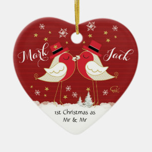 Adorno De Cerámica Gay, 1st Christmas as Mr & Mr, Robins Heart