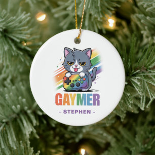 Adorno De Cerámica Gaymer - Gato de juegos de arcoiris con consola   