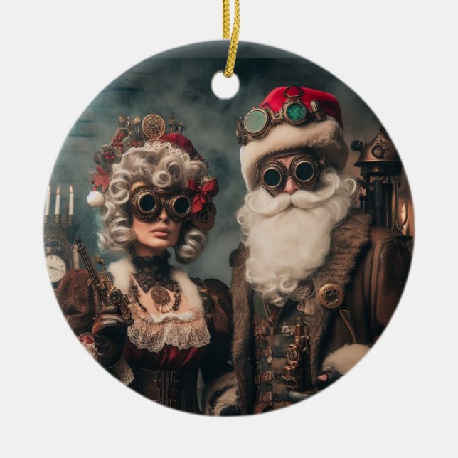 Adorno De Cerámica Gears & Cheer: Steampunk Santa & Mrs Claus (Frente)