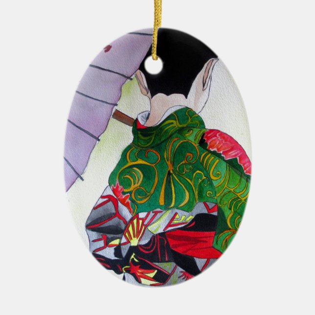 Adorno De Cerámica Geisha japonesa con kimono y paraguas (Frente)