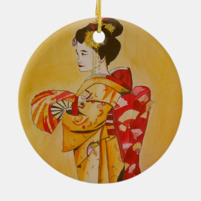 Adorno De Cerámica Geisha oro kimono arte acuático original (Atrás)