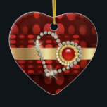 Adorno De Cerámica Gemas chispeantes de la aguamarina del corazón del<br><div class="desc">Un elegante, "el día de San Valentín", aniversario, una puerta decorativa elegante y con clase del compromiso o del "dulce dieciséis" u ornamento del árbol de navidad, con un fondo vibrante de "lunares rojos", que tiene una correa el ir a través de él con una banda del oro y un...</div>