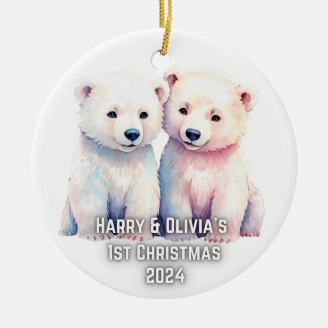 Adorno De Cerámica Gemelos 1 Navidades Oso Polar Personalizado (Frente)
