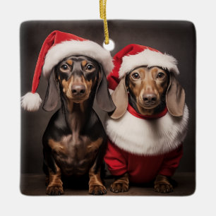 Adorno De Cerámica Gemelos de Santa Claus Dachshund