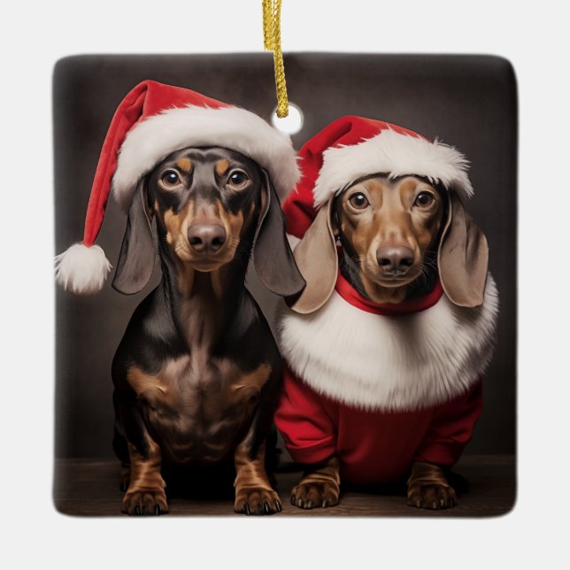 Adorno De Cerámica Gemelos de Santa Claus Dachshund (Anverso)