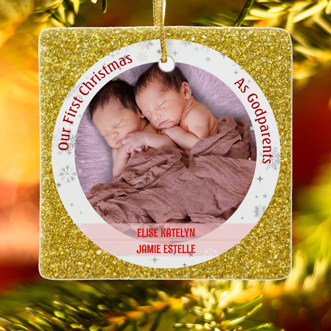 Adorno De Cerámica Gemelos, niñas, primera Navidad como padrinas 2 fo (Elegant Modern Cute Golden First Christmas as Godparents Twin Girls Photo Swaddled Babies Glitter)