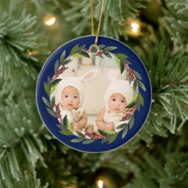 Adorno De Cerámica Gemelos primera acuarela de Navidad Wreath Photo B