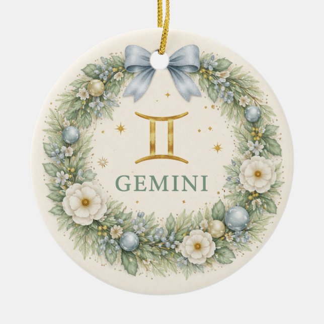 Adorno De Cerámica Gemini Zodiac Christmas Ornament – Winter Floral W (Frente)