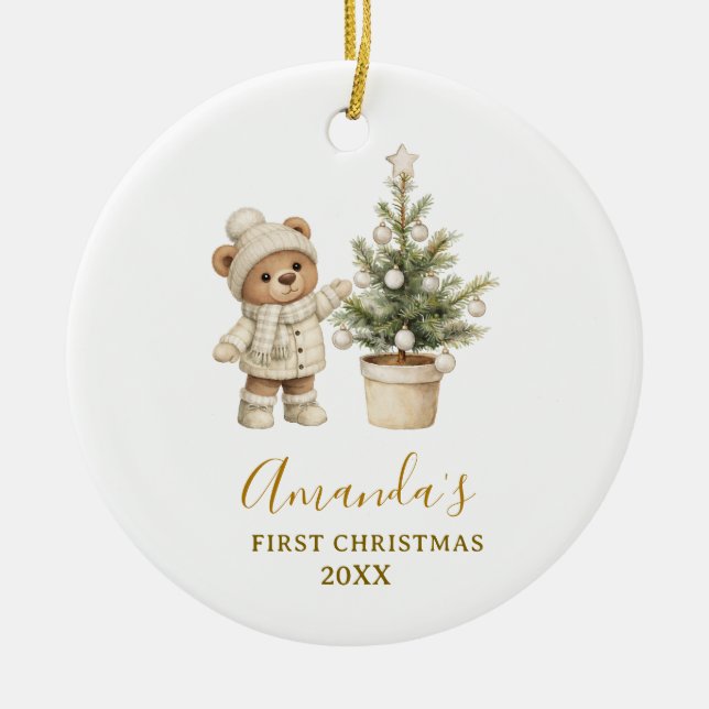 Adorno De Cerámica Gender Neutral Bear First Christmas Keepsake  (Frente)