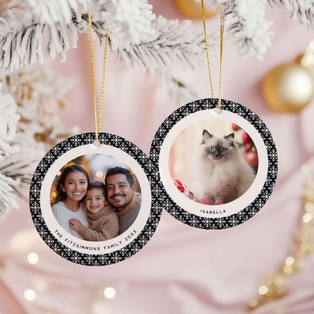 Adorno De Cerámica Geometric Black and White Scandinavian 2 Photos (Neutral Snowflake Modern 2 Photos Christmas Ornament black)