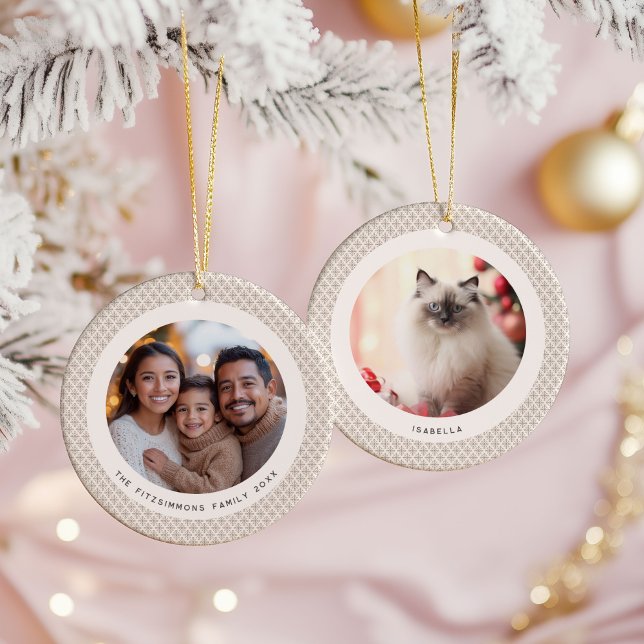 Adorno De Cerámica Geometric Brown and White Scandinavian 2 Photos (Neutral Snowflake Modern 2 Photo Christmas Ornament Brown)