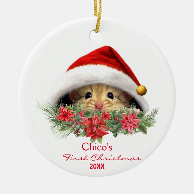 Adorno De Cerámica Gerbil Hamster personalizado en Navidades de Santa (Frente)